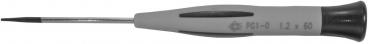 The image shows a screwdriver with a slender, gray handle and a narrow, long blade. The handle has a non-slip surface and a round shape.