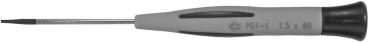 The image displays a slim screwdriver with a gray handle and a black end. The tip is narrow and sharp, suitable for small screws. There is a number on the handle.