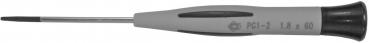 The image shows a screwdriver with a long, narrow metal shaft and a gray plastic handle. The handle has a round, black end cap and is ergonomically shaped.