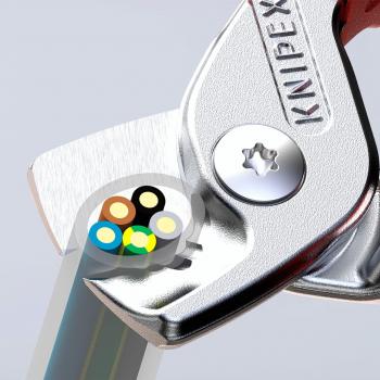 The image shows a pair of Knipex pliers gripping a cable with multiple colored wires. The pliers have shiny, metallic edges and a red handle.