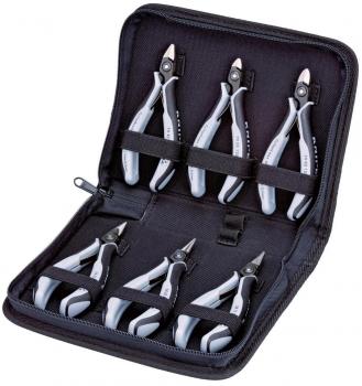 The picture shows a black case with a zipper, containing five different pliers. The pliers have gray handles and are neatly arranged in the case.