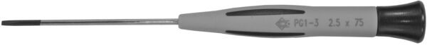 The image shows a screwdriver with a slender, gray handle and a narrow, long blade. The handle has a non-slip surface and a round shape.