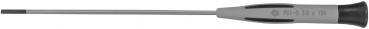 The image shows a screwdriver with a long, narrow steel head and an ergonomic, gray handle. The head is straight and suitable for slotted screws.