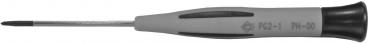The image shows a screwdriver with an elongated, slender head and a non-slip handle. The handle is gray with black accents, and the blade is thin and pointed.