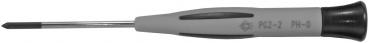 The image shows a screwdriver with a narrow, straight middle section and a non-slip, gray handle. The tip is flat and suitable for screws with a corresponding notch.