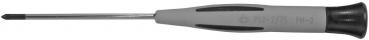 The image shows a screwdriver with a long, slender, metallic handle and a gray, non-slip plastic grip. The blade is pointed and suitable for screws.