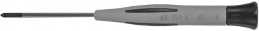 The image shows a flathead screwdriver with a gray, non-slip handle and a long, thin metal tip. The handle has a wavy structure for better handling.