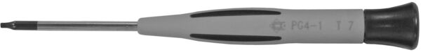 The image shows a slim, gray screwdriver with a wide, black handle and a sharp, long blade. The blade has a slightly curved shape and is precisely crafted.