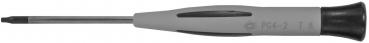 The image shows a screwdriver with a gray handle and a black, round end. The blade is long, slender, and has a special shape for screws with a specific slot.