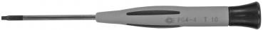 The image shows a screwdriver with a long, narrow metal area and an ergonomic, gray handle. On the handle, there is a black rubber coating and a size marking.