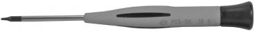 The image shows a screwdriver with a gray handle and a long, slender metal tip. The handle has a smooth surface and a special shape for better grip.