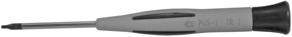 The image shows a screwdriver with an ergonomic, gray handle and a narrow, elongated blade. The blade features a Phillips head, ideal for screwing.