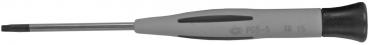 The image shows a screwdriver with a long, narrow metal shaft and a gray, rubberized handle. The handle has a round shape and two elongated grooves for better grip.