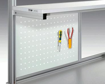 The image shows a rectangular white plate with evenly distributed small square openings. The surface is smooth and bright, with the holes arranged regularly.