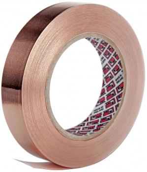 The image shows a roll of tape in a copper-colored shine. The roll has an inner diameter made of cardboard and is smooth. On the inside, various geometric patterns are depicted.
