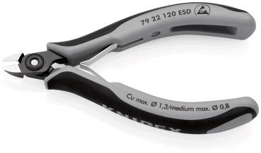 The image shows a black and gray electric cutting pliers. It features ergonomic handles and a serrated, sharp blade for precise cutting of cables and wires.