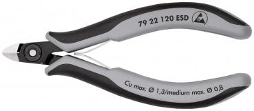 The image displays a small pair of pliers with ergonomic, non-slip handles in black and gray. The cutting surfaces are narrow and precise, ideal for cutting thin wires.