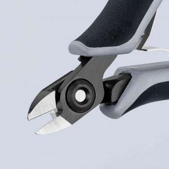 The image shows a pair of pliers with sharp, metallic blades. The handles are ergonomically designed and covered with black rubber, providing a stable grip.