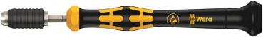 It is a screwdriver with an ergonomic, black handle and yellow detail patterns. The blade is made of metal and has a hexagonal head for various screws.