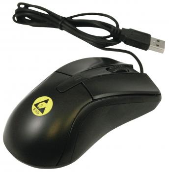 The image shows a black computer mouse with an ergonomic shape. It has two main buttons and a wheel in the center. A USB cable connects it to a computer.