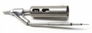 The image shows a metallic tool with a long, curved shape. It has a cylindrical body with two holes and a pointed tip at one end.