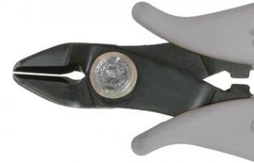 The image shows a pair of pliers with gray handles and a black plier surface. In the middle of the plier surface, there is a screw connecting the two parts.