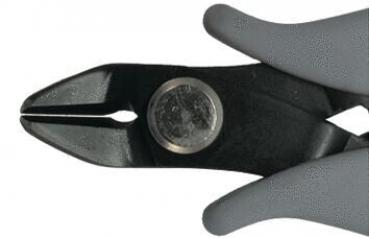 The image shows a pair of pliers with gray handles. The jaws of the pliers are black and have a narrow, pointed shape. In the middle, a metal part is visible that serves as the pivot point.