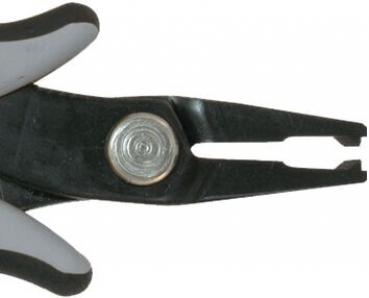 Das Bild zeigt eine Zange mit zwei ergonimisch geformten Griffen in Schwarz und Grau. Sie hat spitze Backen und in der Mitte einen runden Schraubenmechanismus.