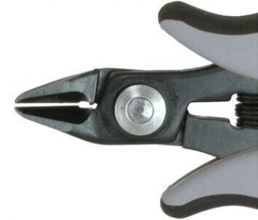 The image shows a pair of pliers with a pointed, narrow opening. The body is black with gray, ergonomic handles. In the center, a metal axis is visible.