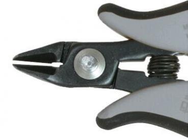 The image shows a pair of pliers with gray and black handles. The long side features a narrow, pointed edge suitable for gripping and cutting. A round, silver button is visible.