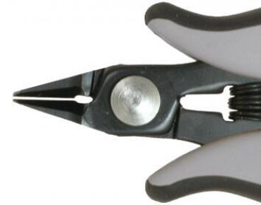 The image shows a pair of metal tongs with pointed tips. The handle is ergonomically shaped and has a gray, rubberized surface for better grip. In the middle, there is a round, metallic plate.
