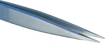 The image shows a narrow stainless steel tweezer with pointed ends. The tweezer is shiny and has an elongated shape, ideal for gripping small objects.