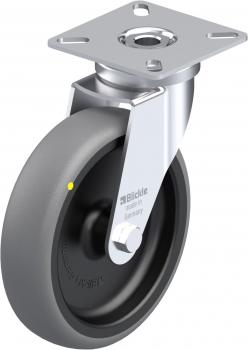 The image displays a caster wheel with a gray rubber ring and a metallic, right-angled bracket. It features a central fixture for stable mounting.