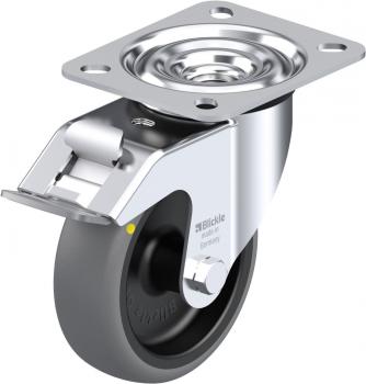 The image shows a stylish metal roller bearing with a round, gray rubber wheel surface. Above, there is a rectangular plate for mounting, with a swivel wheel below.