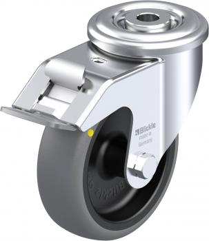 The image shows a large wheel with a metallic holder. The wheel body is black and made of rubber, while the holder is shiny metal. It has a mounting screw.
