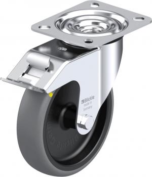 The image shows a metal roller bearing with a large, gray plastic roller. It has a square bracket with a central hole and a safety spring. Sturdy and practical.
