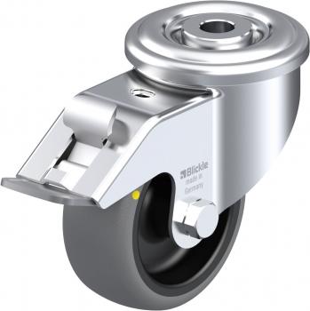 The image shows a large wheel with a metallic holder. The wheel body is black and made of rubber, while the holder is shiny metal. It has a mounting screw.