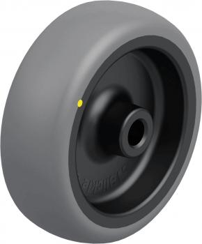 The image shows a gray wheel with a black inner area and a yellow marking. It has a smooth surface and a central opening that serves for attachment.
