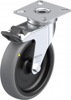 The image shows a ball-bearing roller. It has a black, rubberized surface and a silver metal plate with a borehole in the center. A heel lever allows for locking.