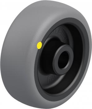 The image shows a gray wheel with a black inner area and a yellow marking. It has a smooth surface and a central opening that serves for attachment.