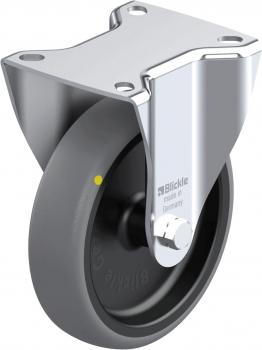 The image shows a gray plastic roller bearing with a metallic holder. The roller has a yellow dot and is round, while the holder is flat and rectangular.