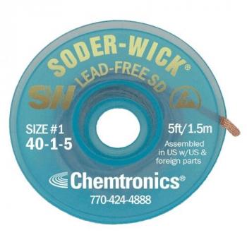 The image displays a circular roll wrapped in a blue, transparent packaging. There is a hole in the center. Printed on the surface are details about Soder-Wick, size, and the manufacturer.