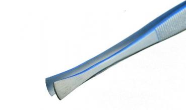 The image shows a long, narrow tweezer made of silvery metal. The tips are slightly split and the surface is smooth with fine grooves for better grip.