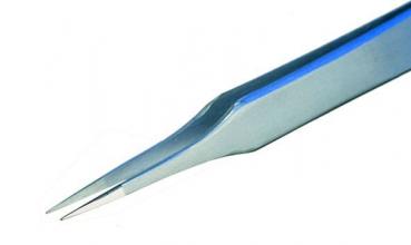 This is a metal tweezer with narrow, pointed tips. It is shiny silver and has a flat, straight shape, ideal for gripping fine objects.