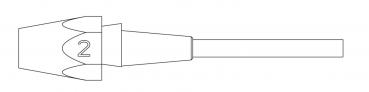 The image shows a schematic representation of an object with a sharp, conical shape. On the broader side, the number "2" is depicted, while a thinner shaft is attached to it.