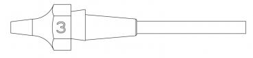 The image shows a long, narrow object with a tapered front tip. At the wider area, the number "3" is displayed, and a straight rod extends from the back.