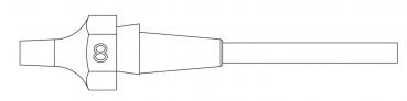 The image displays a technical drawing of a component. It features a wide, rounded front with a notch and a narrow, straight end. It appears symmetrical.