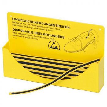 Das Bild zeigt eine gelbe Box mit einem Aufkleber, der Anweisungen für Einweg-Schuhherstellungstreifen enthält. Zieht einen Klebestreifen mit gelb-schwarzer Musterung heraus.