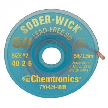 The image shows a spool of Solder-Wick. It is blue and has a diameter of about 5 cm. There is a hole in the center. Various information and size details are printed on the surface.