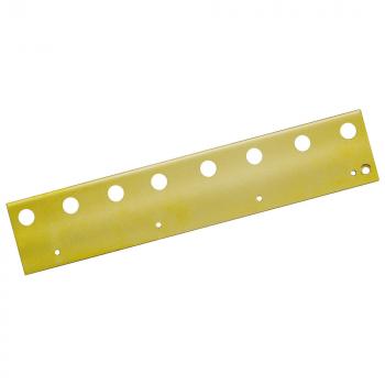 The image shows a yellow, elongated metal piece with several round holes in a row. It has a smooth surface and is slightly beveled at one end.